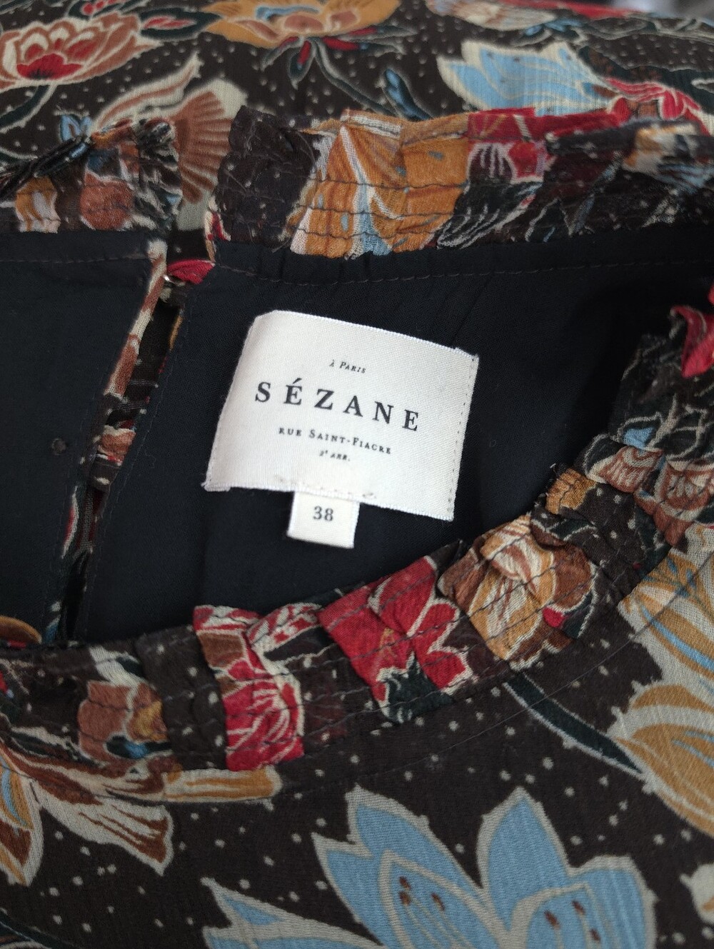 Sezane Black Floral Long-Sleeve Dress with Red and Yellow Blooms - Picture 7 of 13